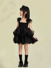 Girls' Black Swan Mesh Tutu Dress With Bowknot Shoulder Straps, Summer Princess Dress For Children